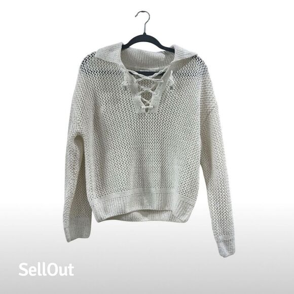 Joie Sweaters - Joie Women's XS Ivory Sparkly Lace-Up V-Neck Pullover Sweater